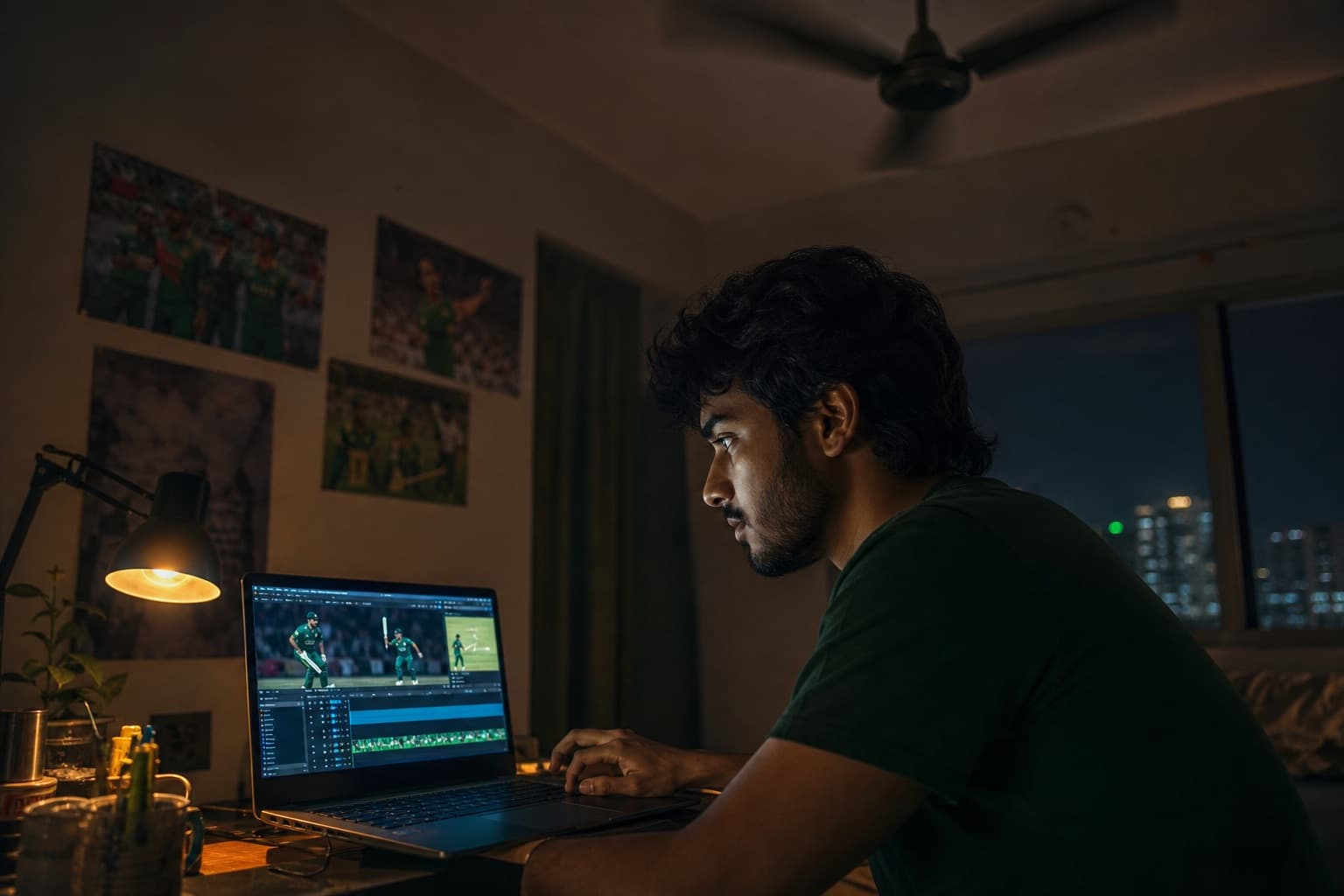 Bangladeshi creator editing cricket clips at night