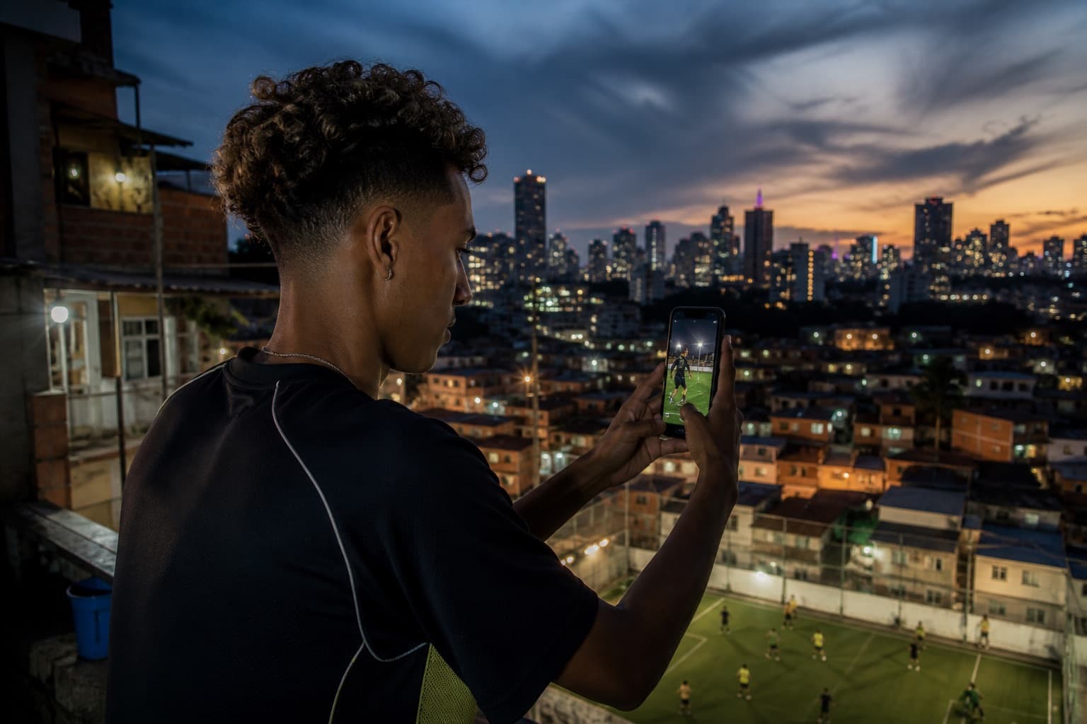 Brazilian creator filming a football clip on a São Paulo rooftop