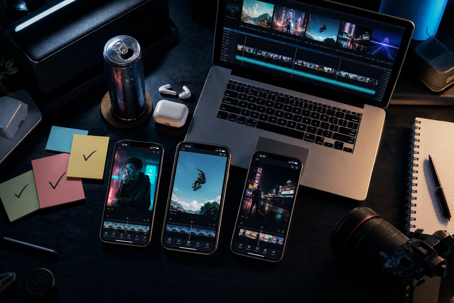 Phones and laptop on a dark creator desk