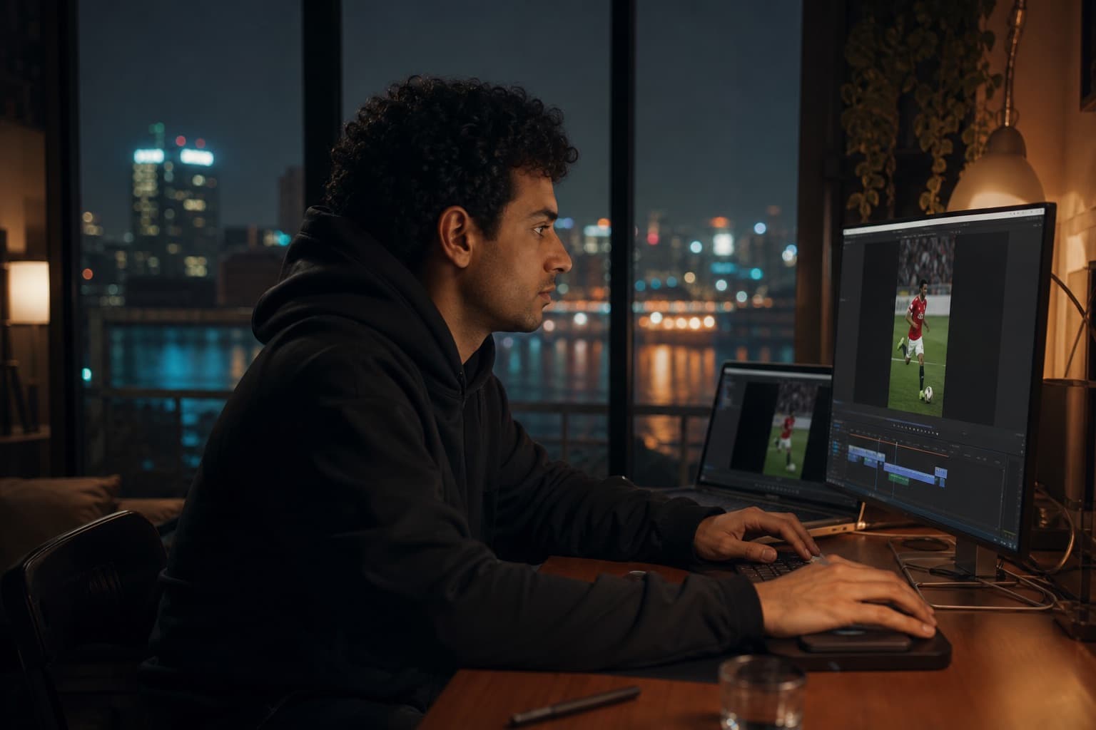 Egyptian creator editing football clips at night in Cairo