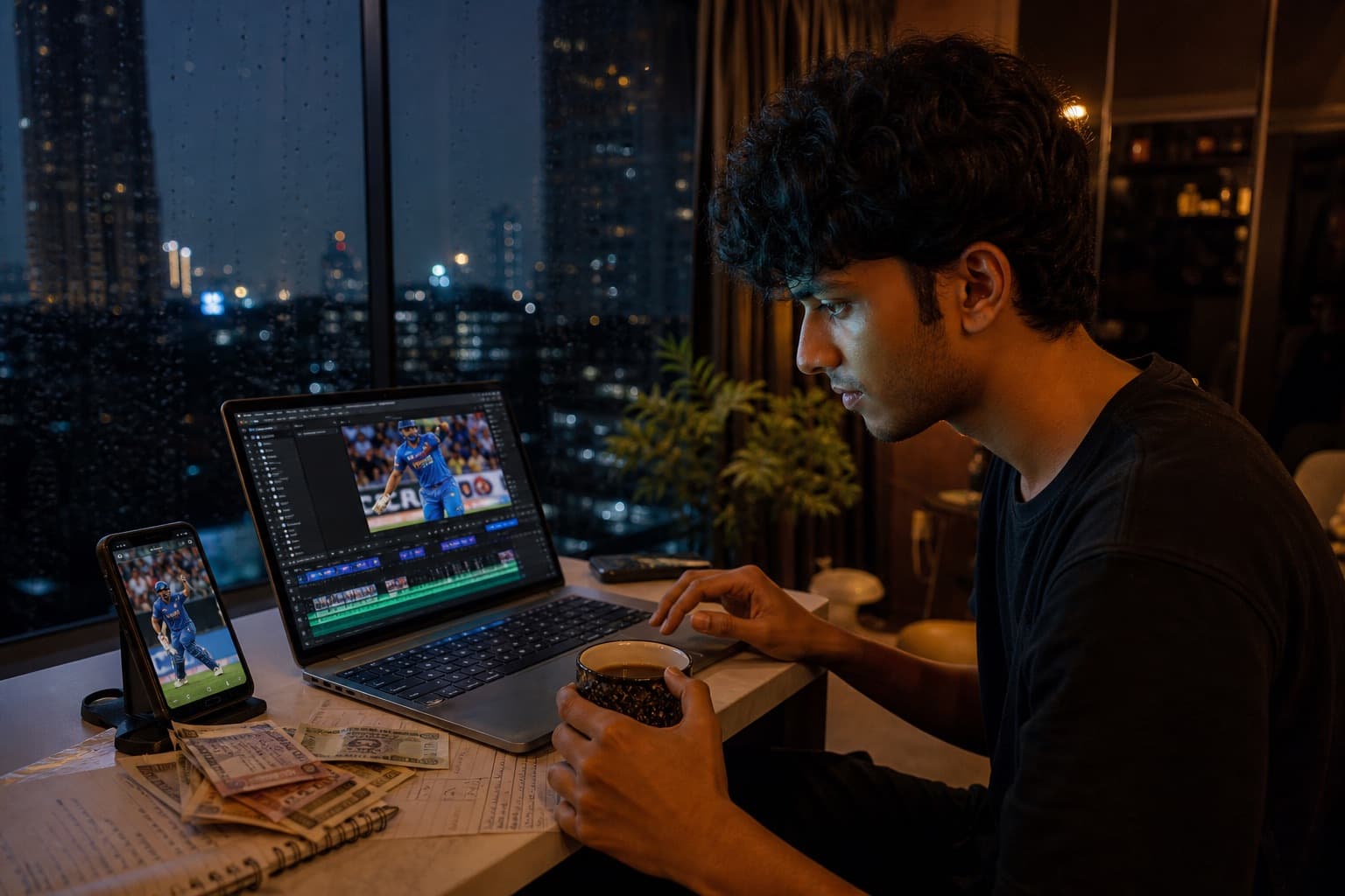 Indian creator editing vertical clips at dusk in Mumbai