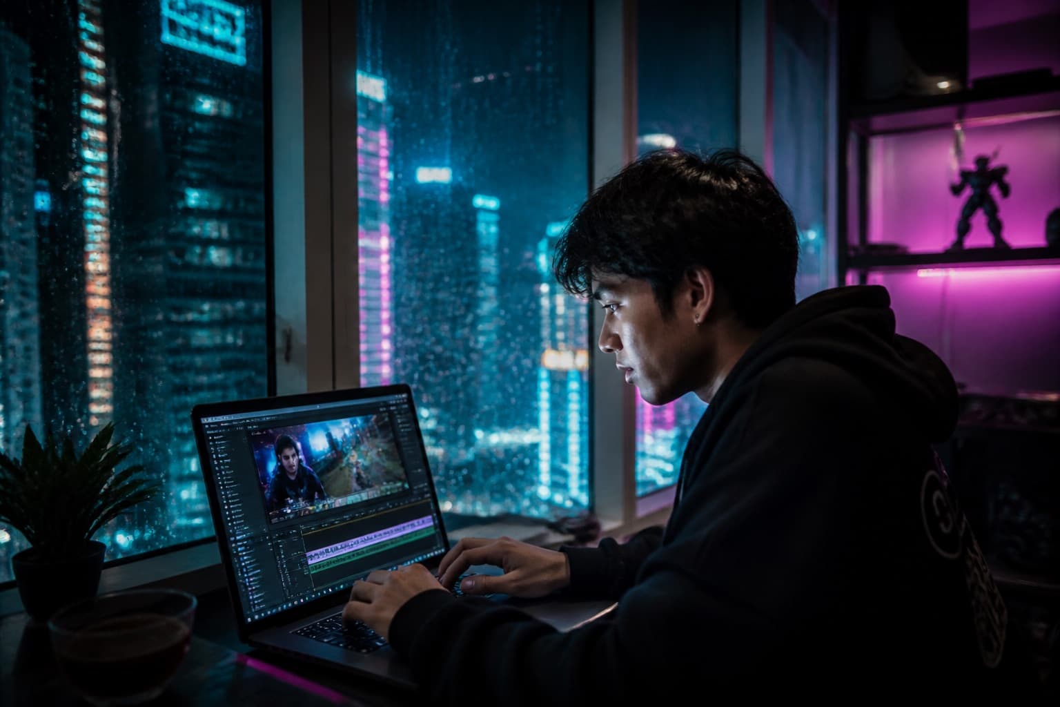 Indonesian creator editing clips in a Jakarta high-rise at night