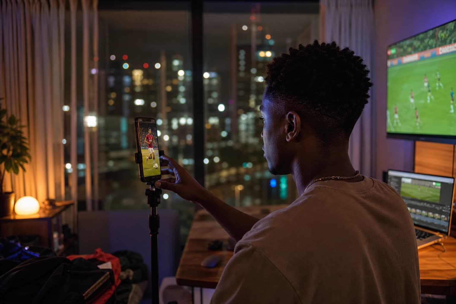 Kenyan creator filming a football clip at night in Nairobi
