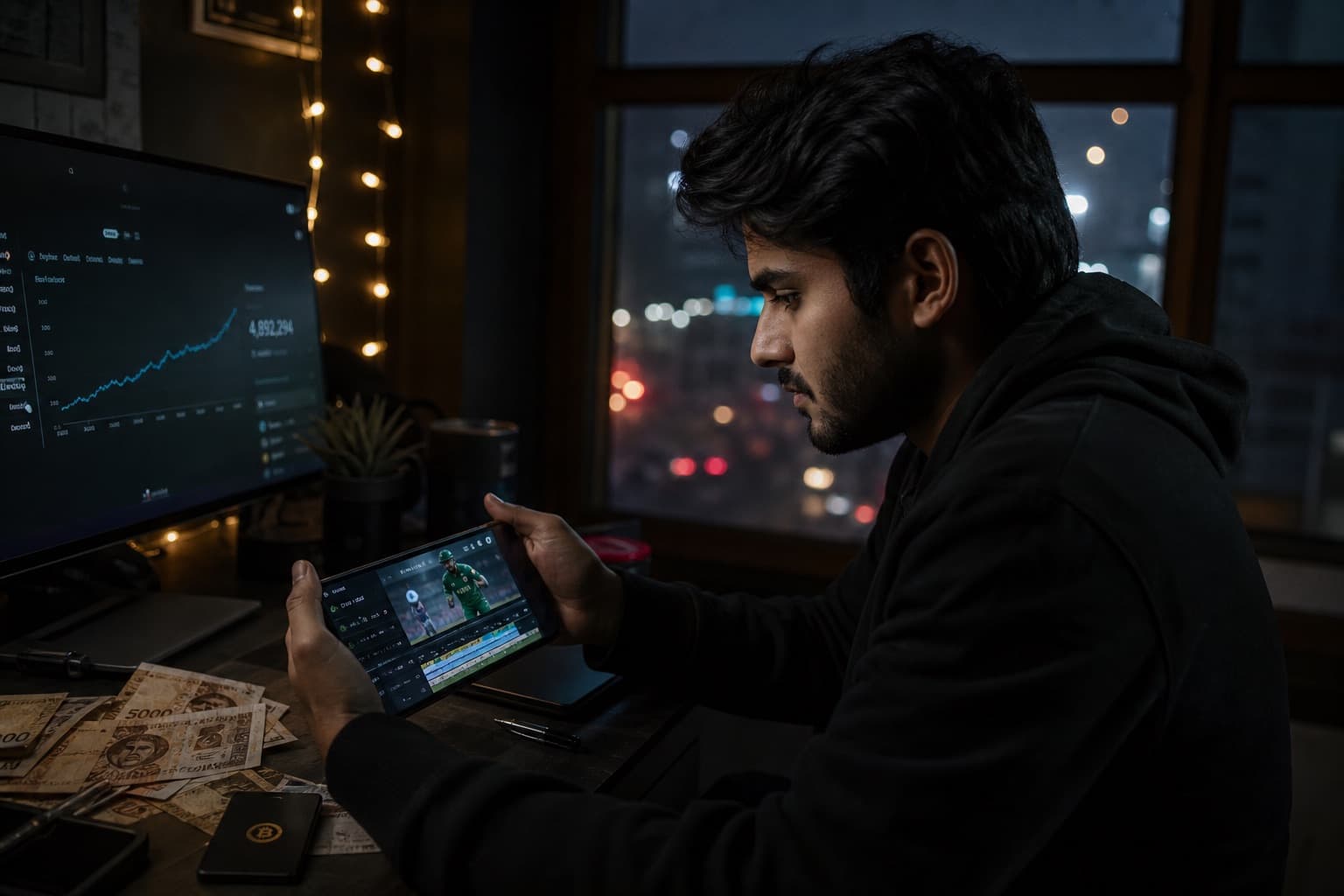 Pakistani creator cutting clips in a Karachi room at night