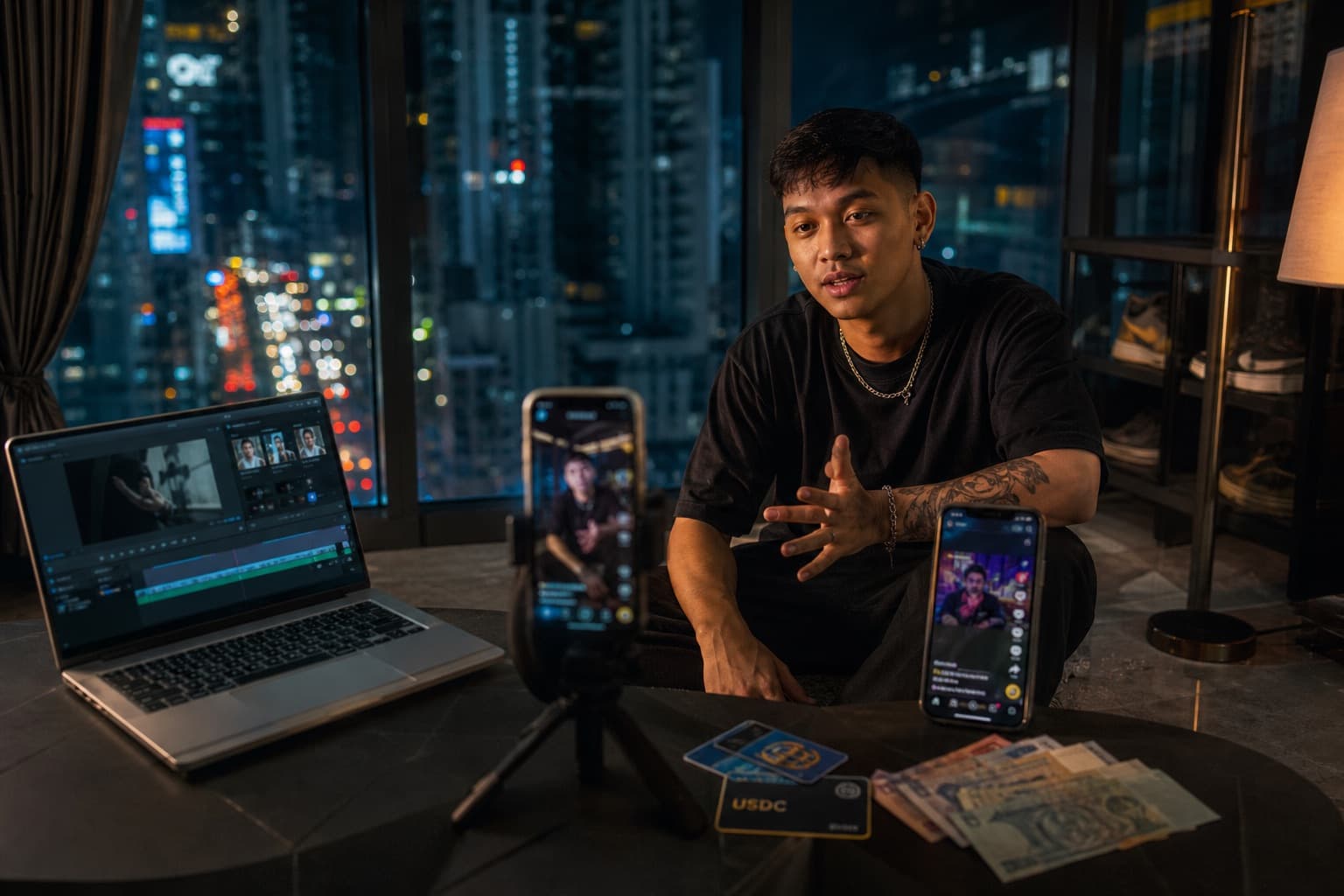 Filipino creator filming short clips in a Manila apartment at night