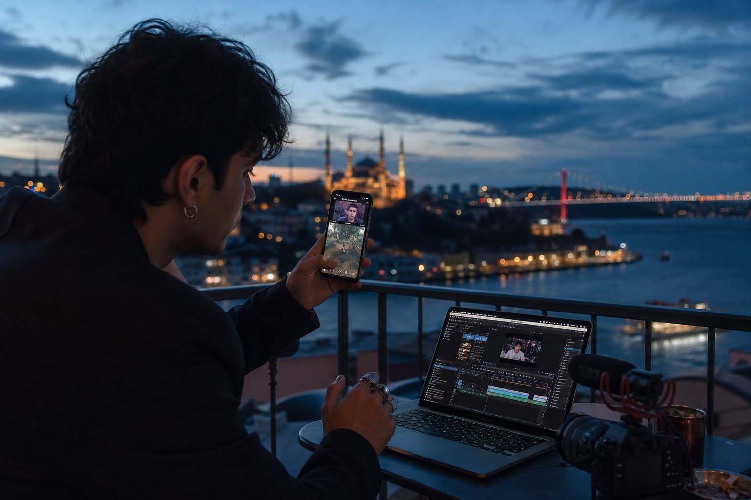 İstanbul manzaralı balkonda dikey video çeken genç yaratıcı