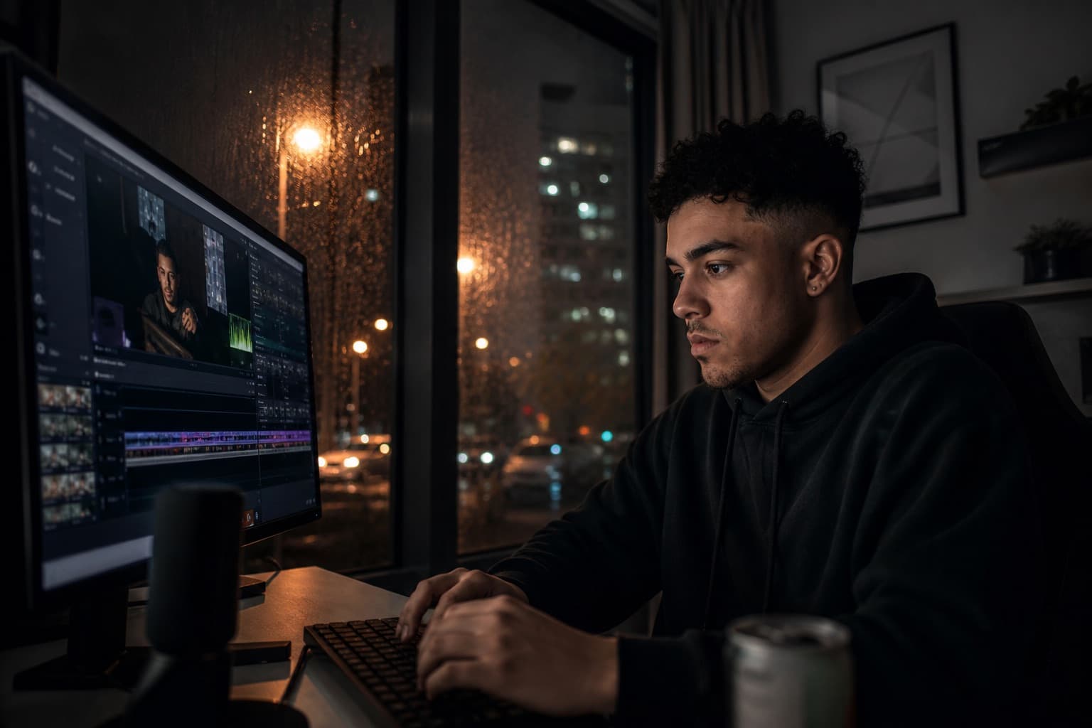 British creator editing streamer clips in a London flat